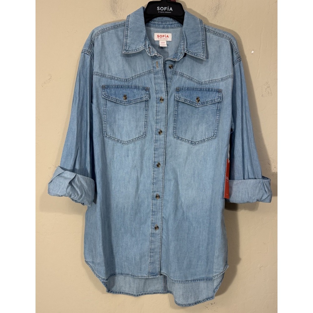 Sofia Vergara Boyfriend Oversized‎ Tunic Shirt S(4-6) Lt Wash Denim Chambray NEW